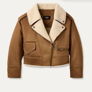 UGG Women's Brown Suede Teddy-Lined Cropped Jacket with Cream Shearling Collar